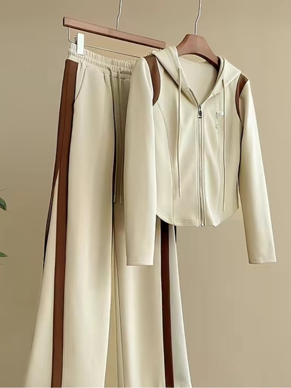 Women's Cream Two-Piece Track Set with Brown Stripe
